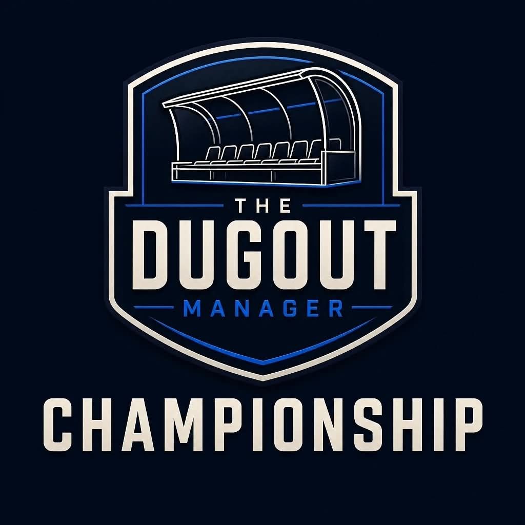 The Dugout Manager crest with a covered football dugout and Championship beneath.