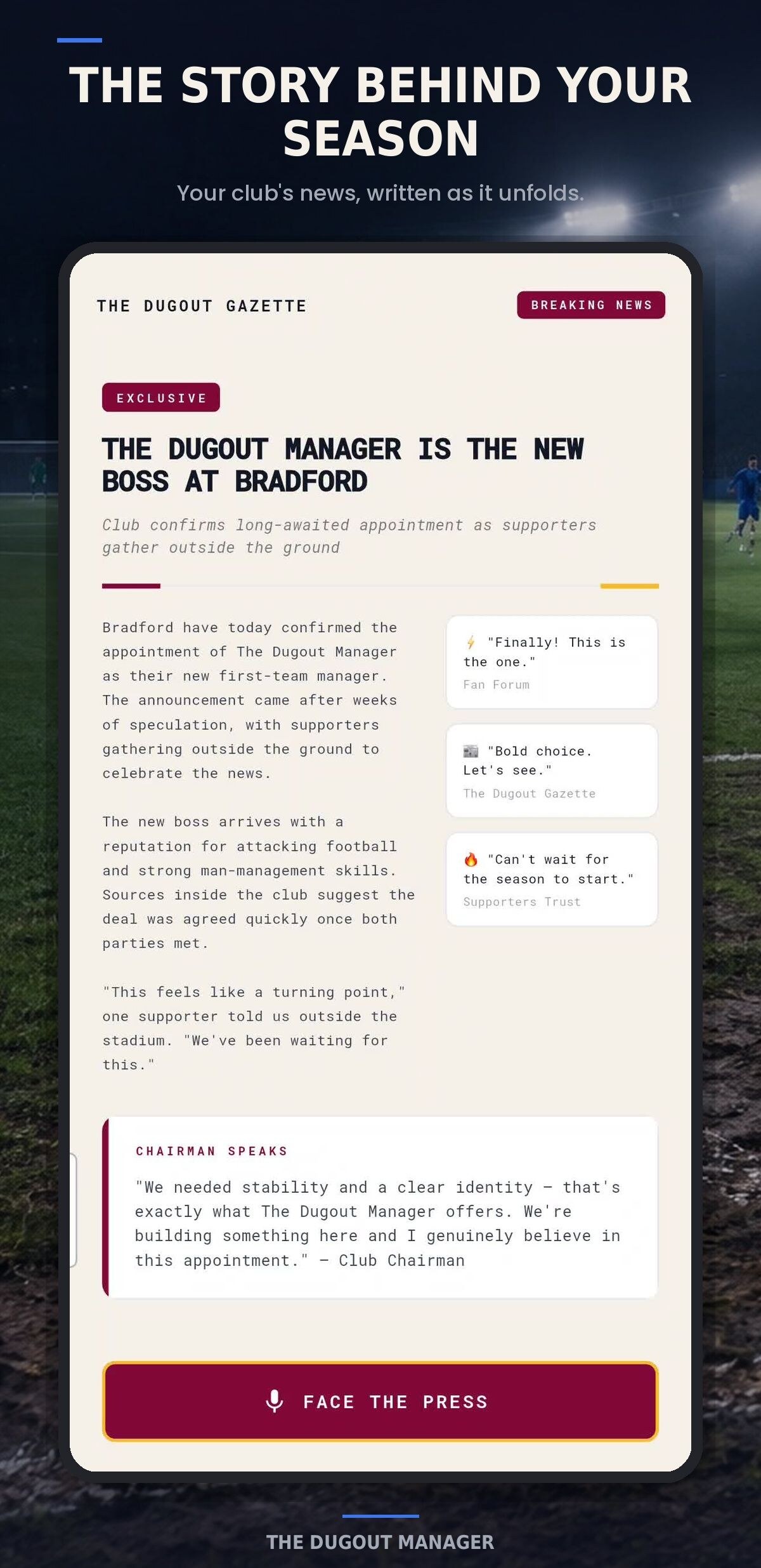 The Dugout Gazette breaking-news takeover announcing a new manager in the game