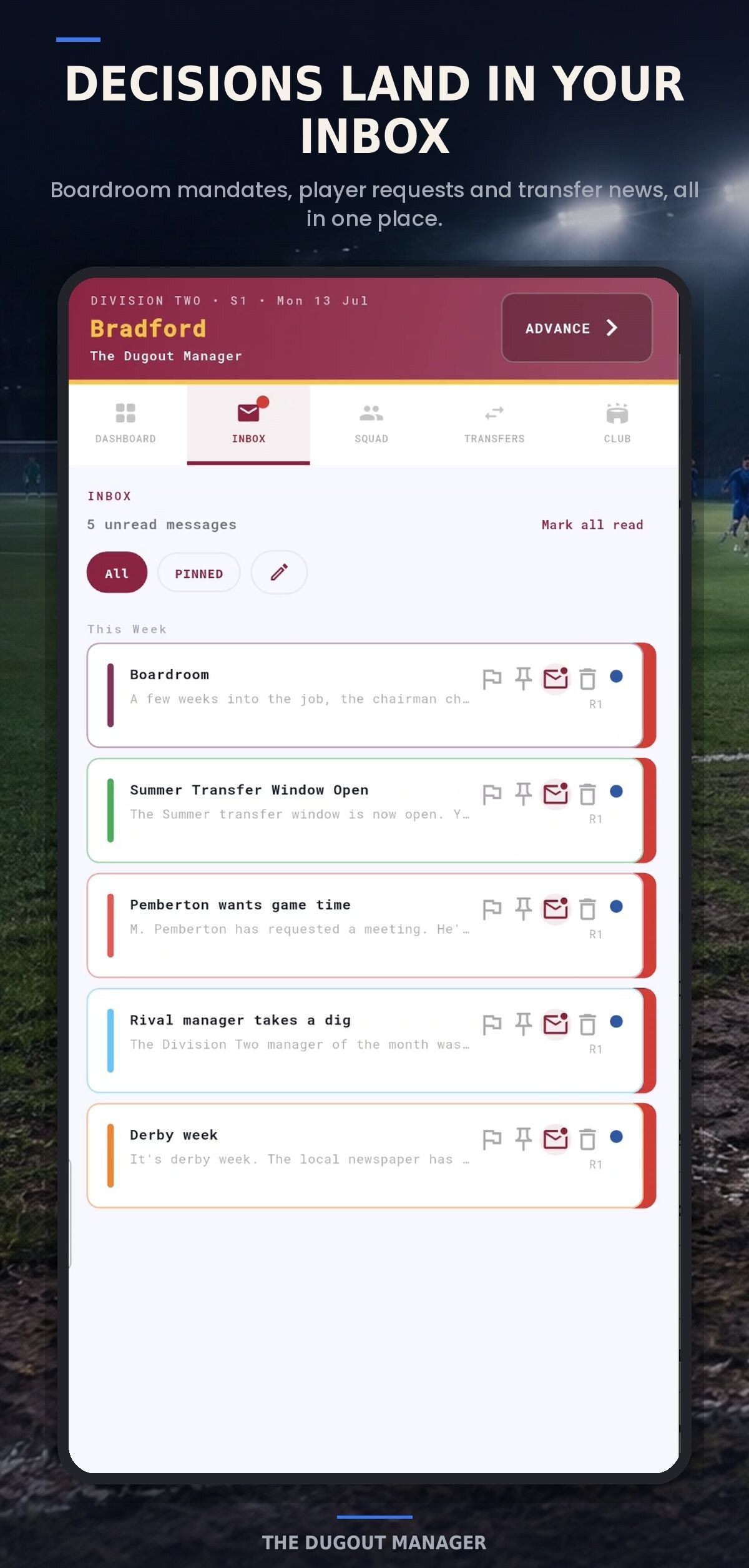 Club inbox containing boardroom mandates, player requests, and transfer news