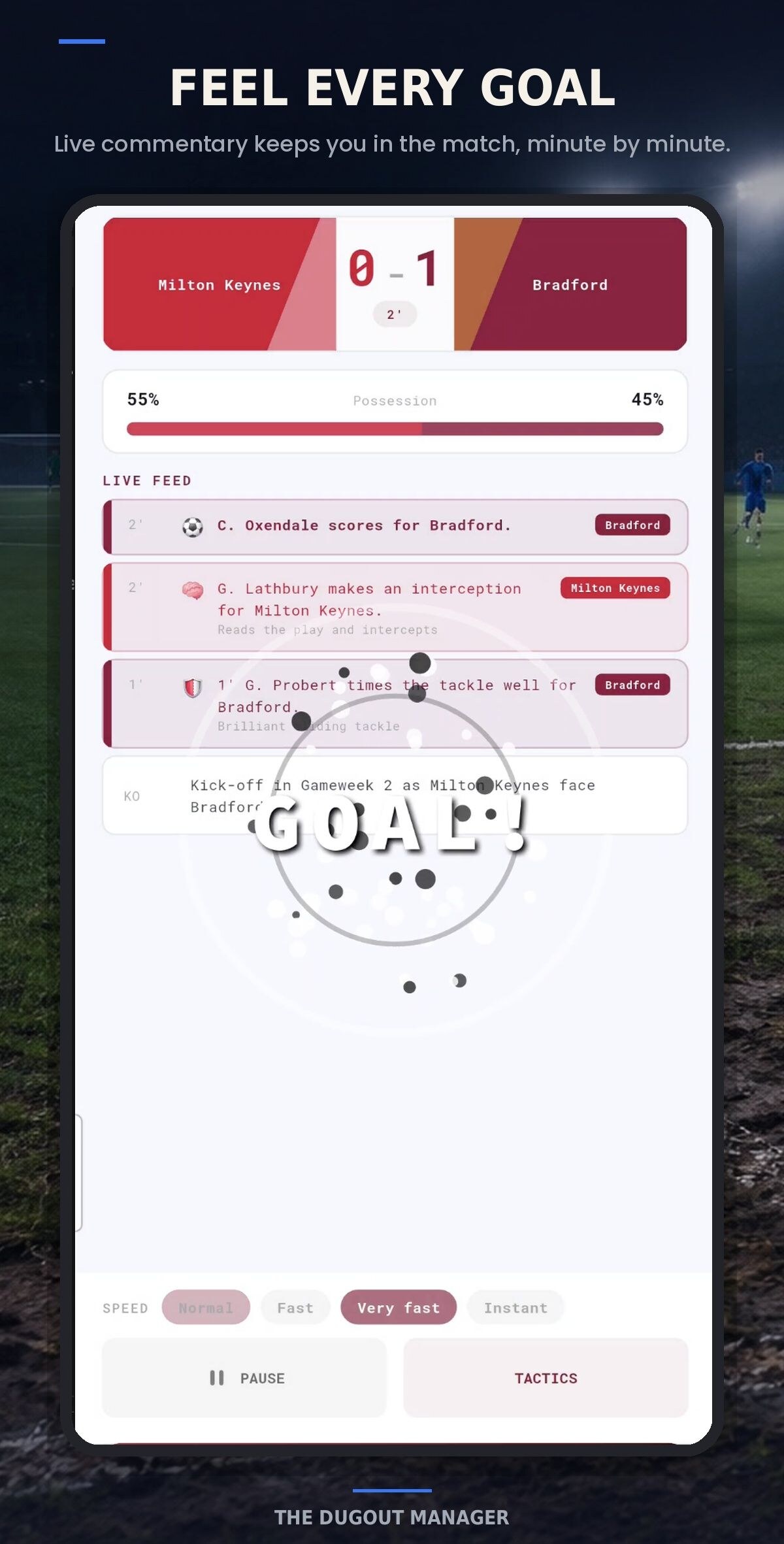 Live match screen with rich text commentary, possession bar, playback controls, and tactical options