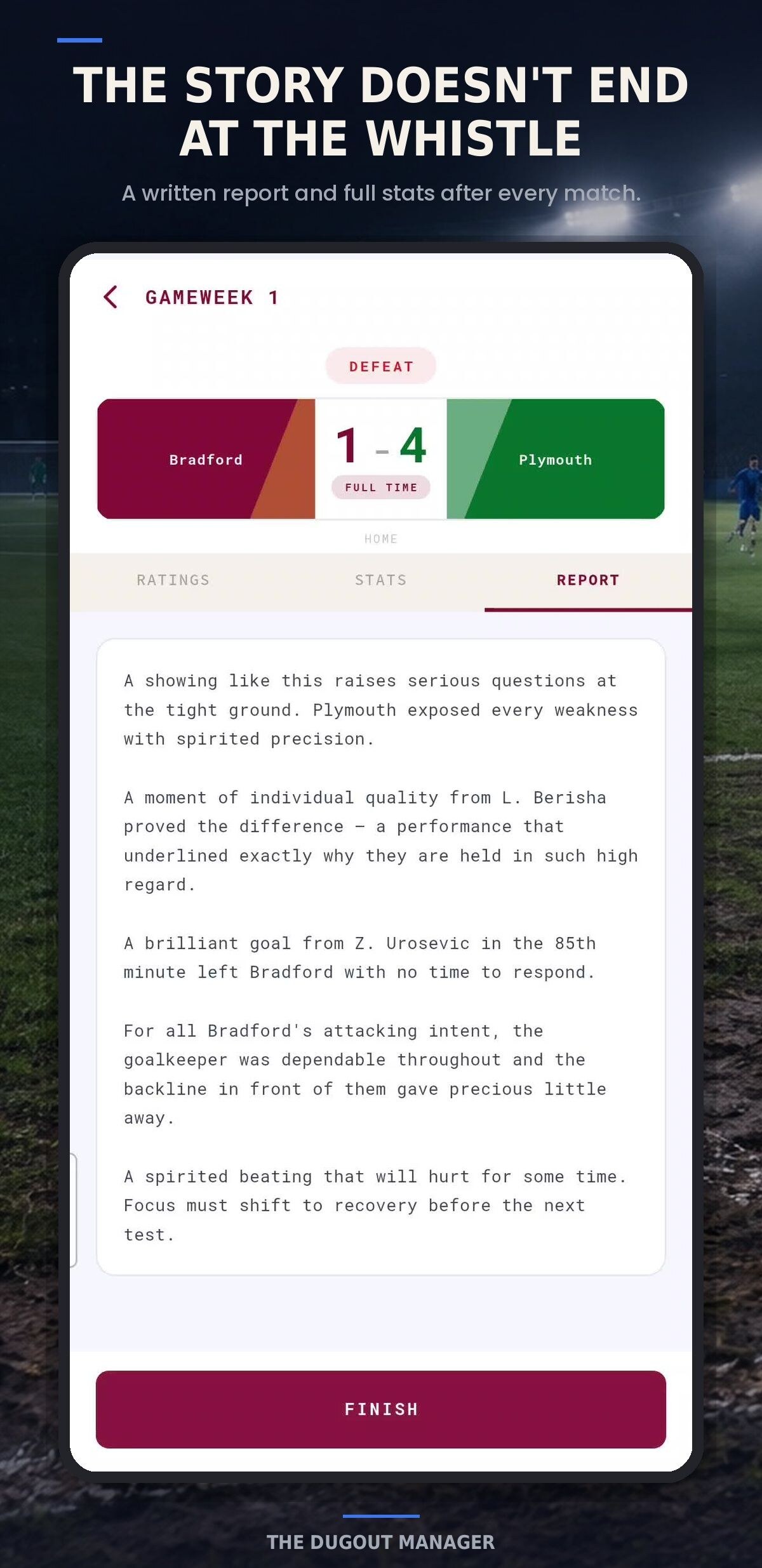 Post-match written report with player ratings, match statistics, and result details