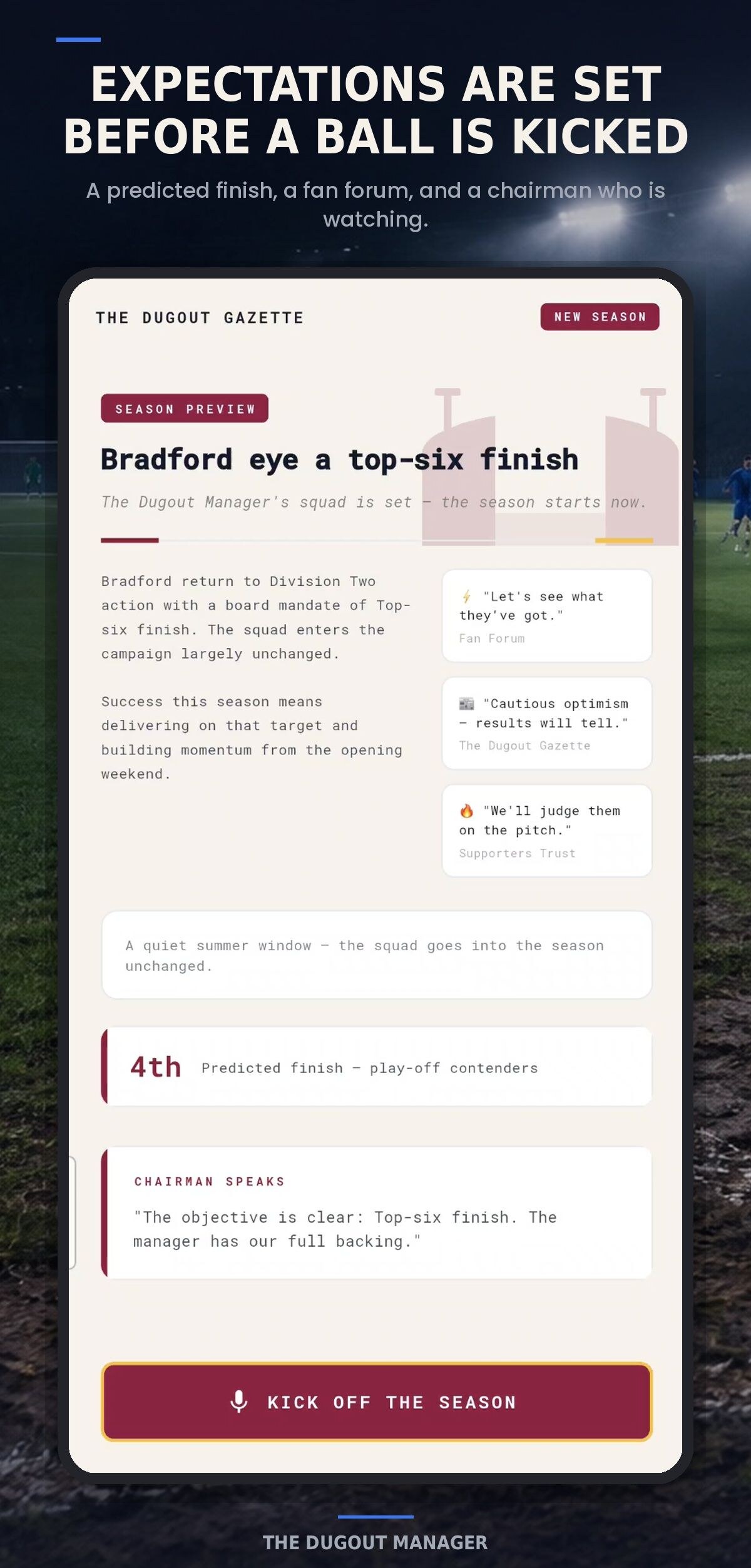 Season preview showing predicted finish, fan forum discussion, and the chairman’s expectations