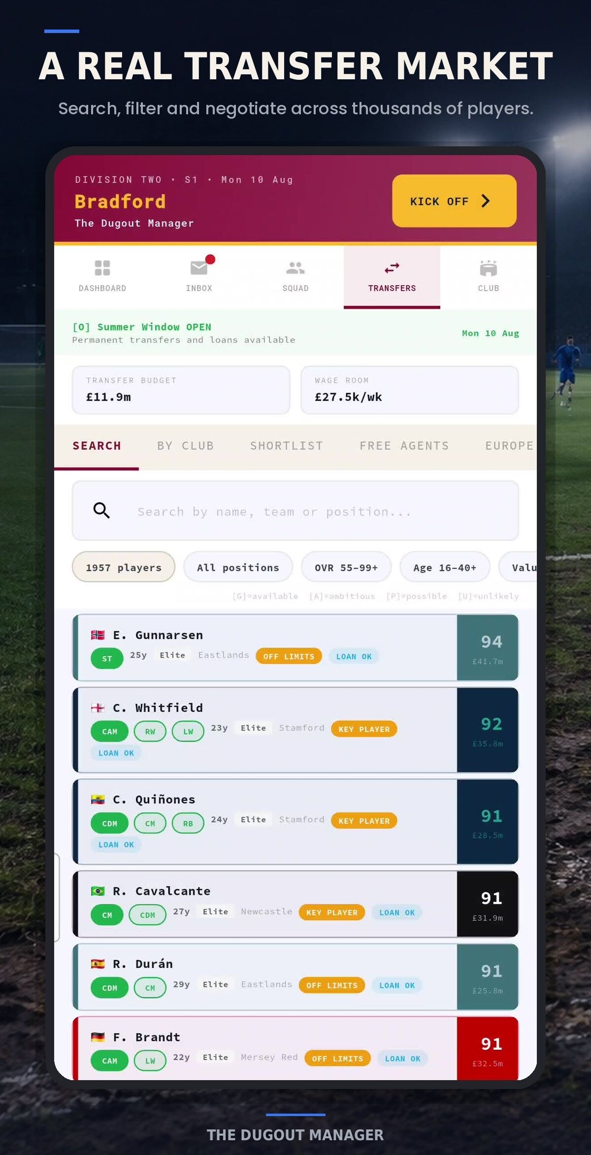 Transfer market search with filters, player results, budget, wage room, shortlist, and free-agent options