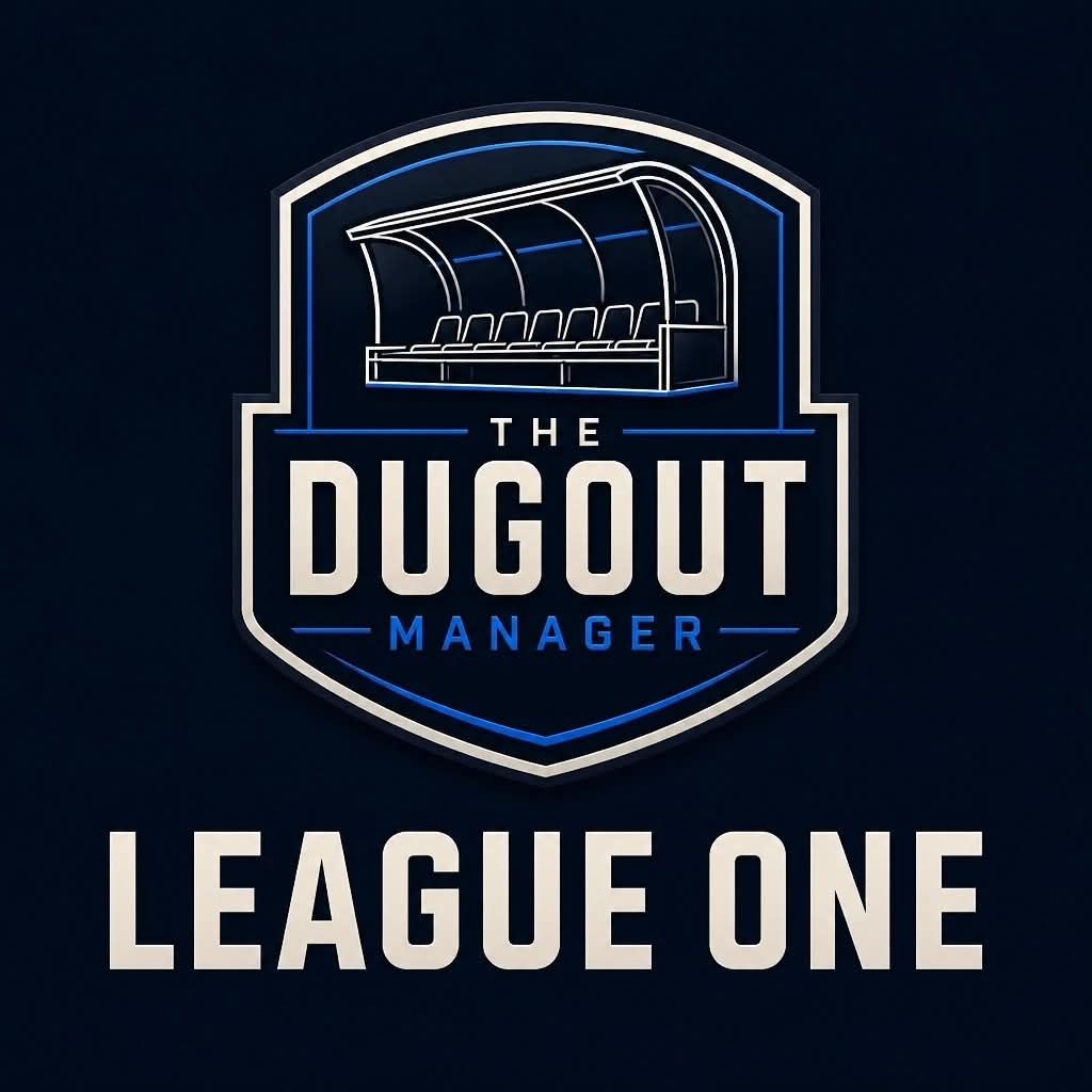 The Dugout Manager crest with a covered football dugout and League One beneath.