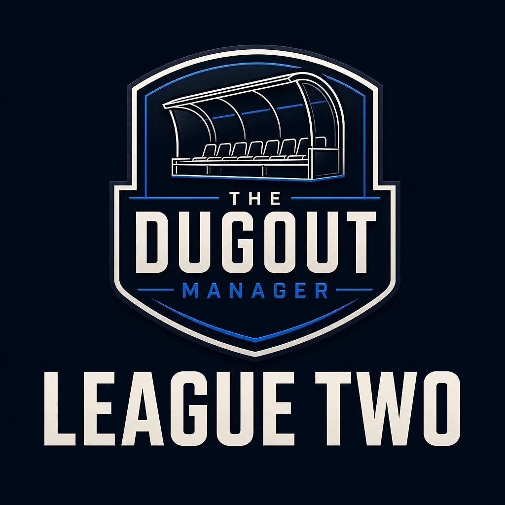 The Dugout Manager crest with a covered football dugout and League Two beneath. The Dugout Manager crest with a covered football dugout and League Two beneath.