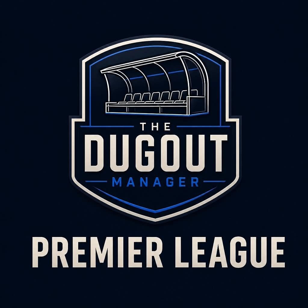 The Dugout Manager crest with a covered football dugout and Premier League beneath.